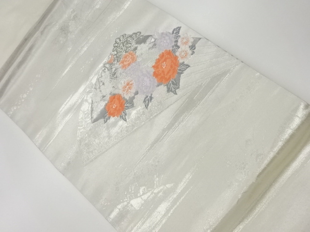 リサイクル　扇子に花々模様織出し名古屋帯